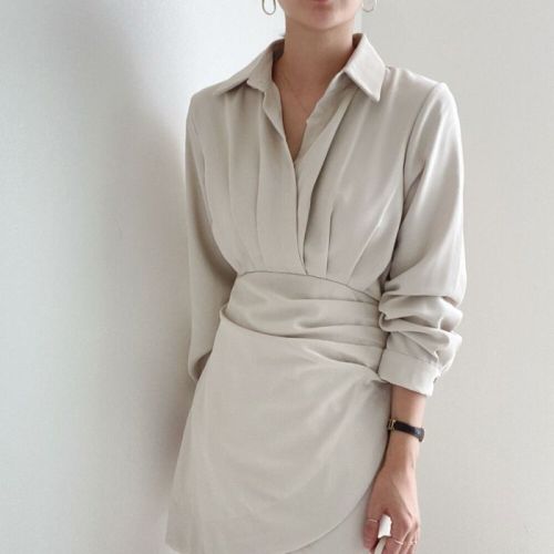 Size has been updated French design lapel long-sleeved dress women waist slim pleated mini skirt