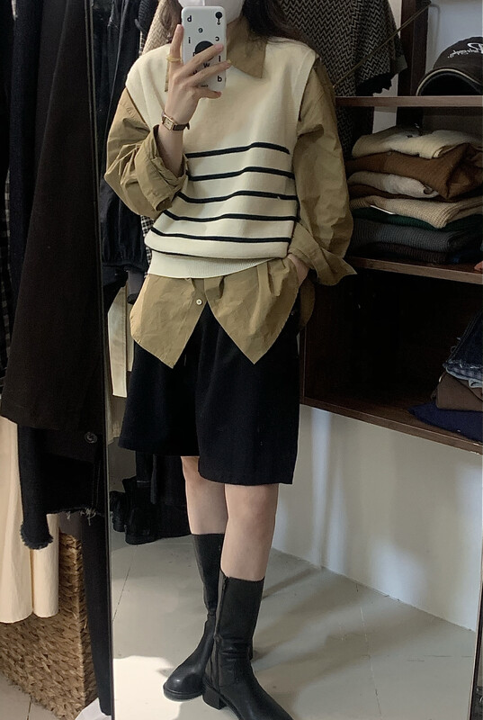 New in autumn! [MOXI] round neck all-match striped vest 75731# CQW