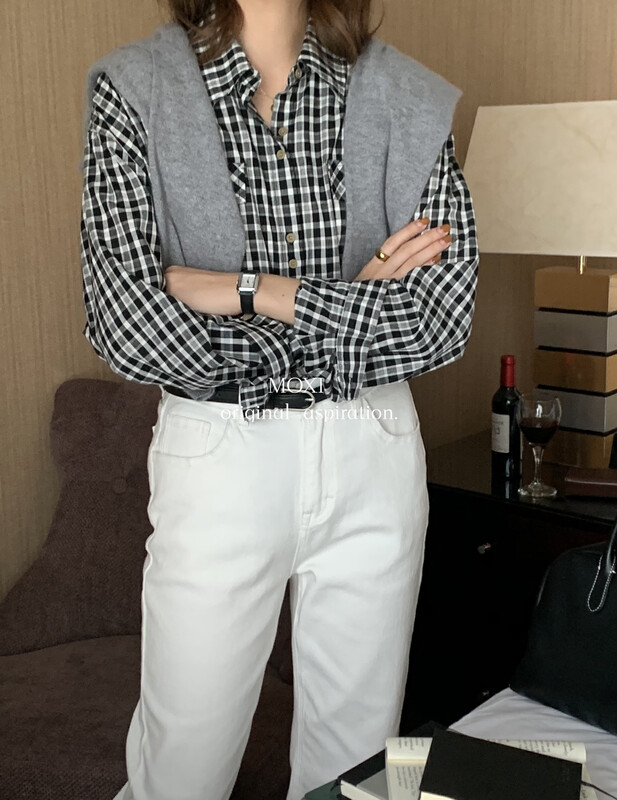 New in autumn! [MOXI] Korean casual double-pocket plaid shirt 8856# CQW