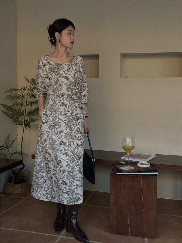 New in autumn! [SOUL] French retro temperament print dress 2771# CLS