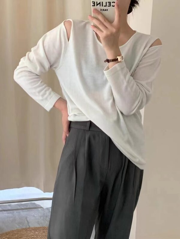 New in early autumn!【MALT】Striped off-shoulder careful knitted sweater 6034# XYJ