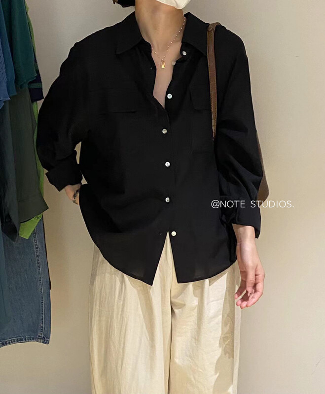 New in autumn! [NOTE] Korean version in's solid color simple temperament double pocket shirt 22707# HBX
