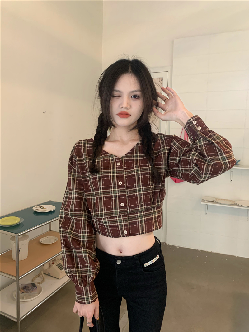 Real auction real price New retro lace-up short plaid long-sleeved shirt