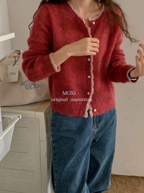 Autumn is new! [MOXI] Korean version of the ladies contrast color lace collar knitted cardigan 75990# CQW