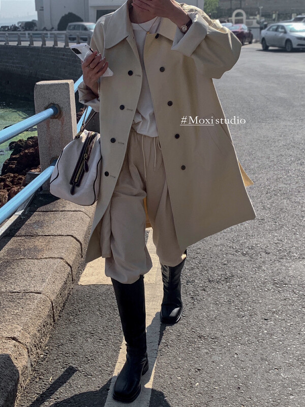 New in early autumn! [MOXI] Korean double-breasted temperament fashion texture trench coat (with belt) 75942# CQW