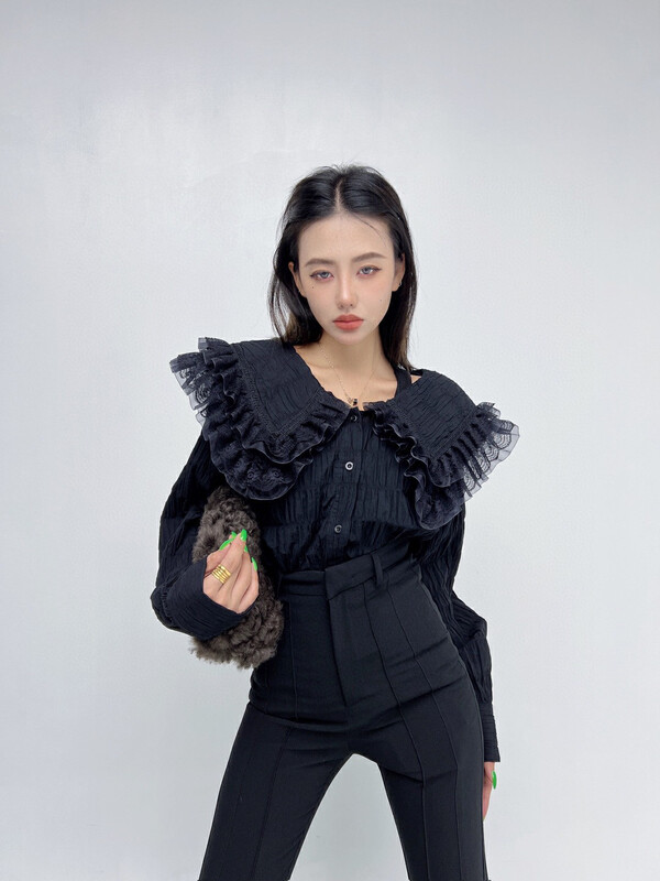 New in early autumn! [D.TWO D2] Pleated lotus leaf collar long-sleeved shirt 2321131# ZXL