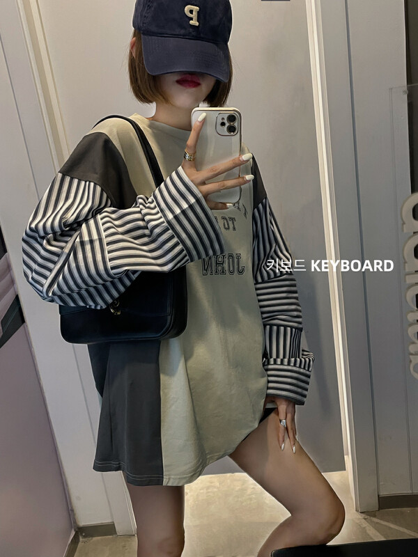 [KEYBOARD] Personalized letter print contrast color stitching shirt-sleeve long-sleeved T-shirt 9838