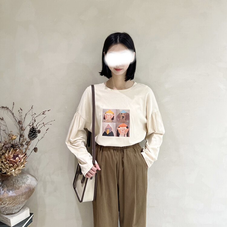 New in autumn! [I LOOK] Washed cotton four-grid group painting printed round neck long-sleeved T-shirt 12090# ZJY