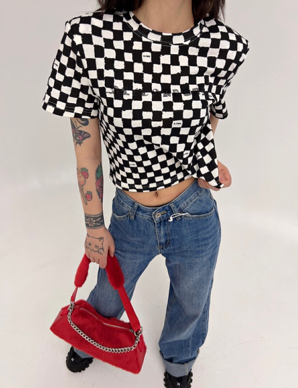 [D.TWO D2] Fashion checkerboard round neck short-sleeved T-shirt 2321181# ZXL