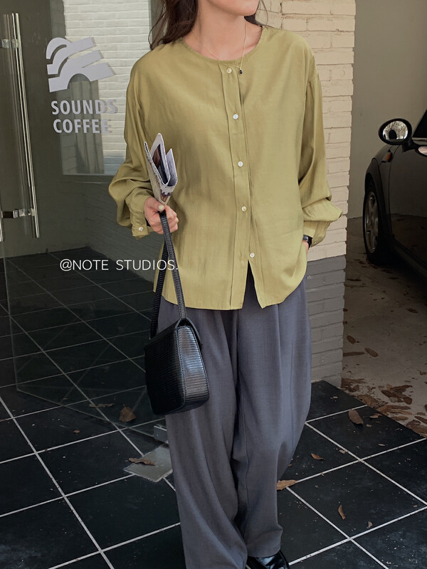 New in early autumn!【NOTE】Korean Solid Color Loose Round Neck Breasted Tencel Shirt 22653# HBX