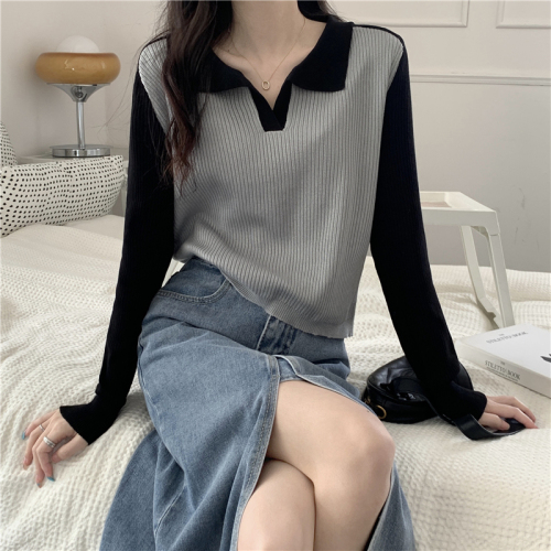 Real auction real price autumn new color matching POLO collar long-sleeved knitted sweater women's top