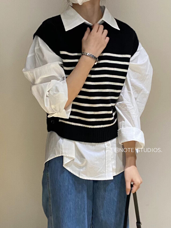 New in early autumn!【NOTE】Korean all-match striped vest with knitted vest 27013# HBX