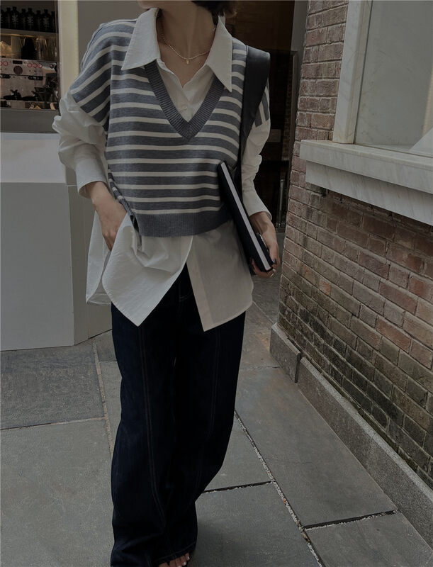 New in autumn! [SOUL] Korean style all-match commuter stitching striped shirt 2615# CLS