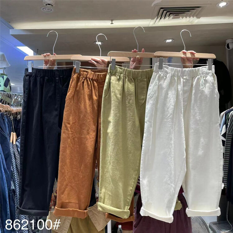 New in autumn! [fabric] elastic waist thin texture casual pants 862100# L