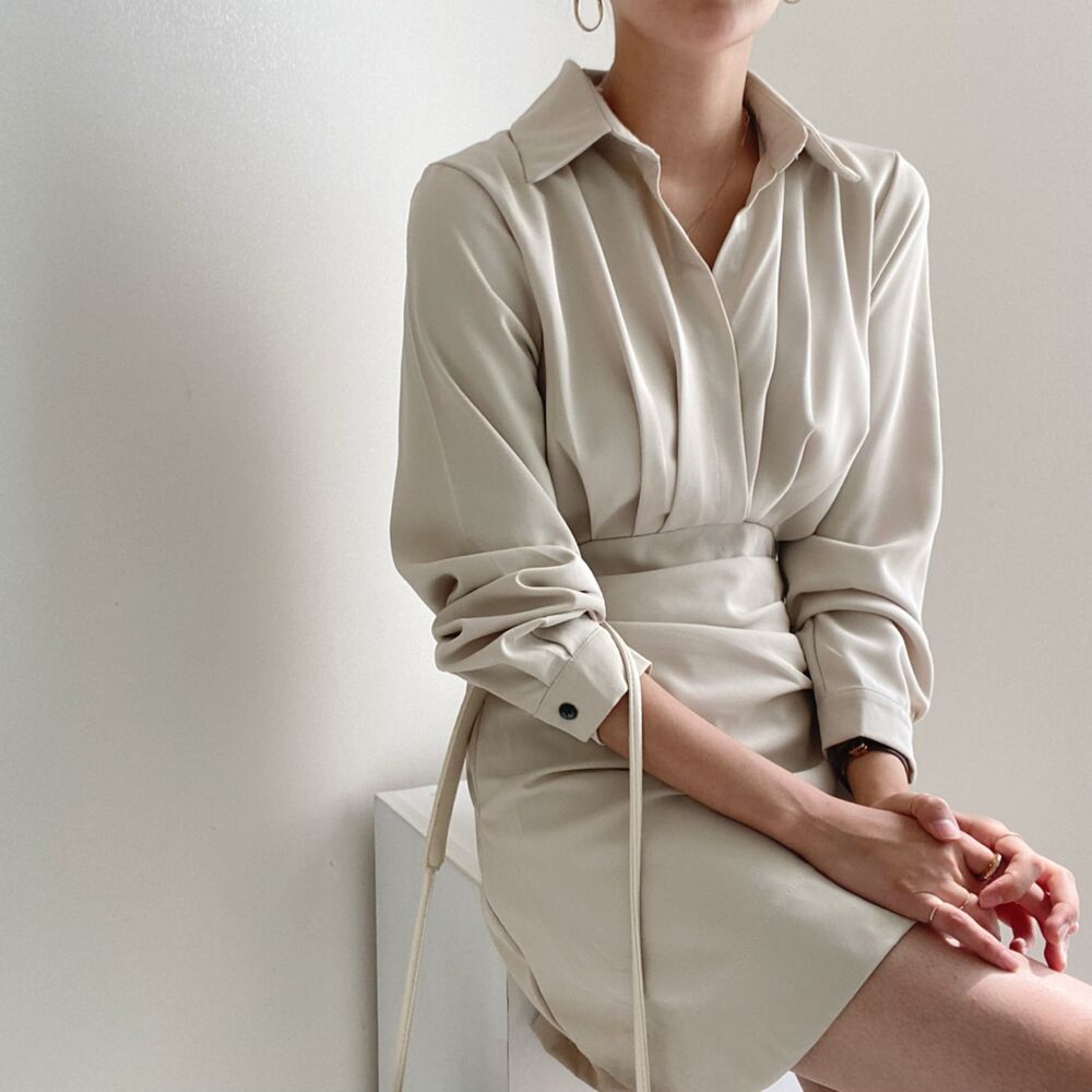 Size has been updated French design lapel long-sleeved dress women waist slim pleated mini skirt
