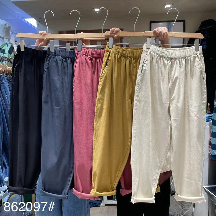 New in autumn! [fabric] elastic waist thin texture casual pants 862097# L
