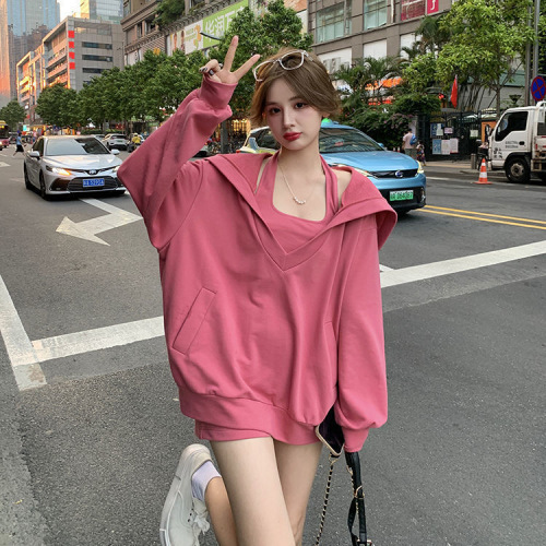 Spring and autumn new women's halter neck off-shoulder shorts 2022 new Korean version loose hooded sweater suit three-piece suit