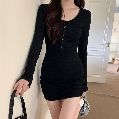 Real shot 2022 new sexy pure desire slim waist pleated hip dress single-breasted long-sleeved tight skirt