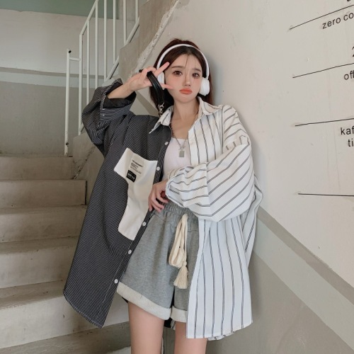 Real shooting real price new Korean version left and right asymmetrical fashion personality long grain loose shirt coat