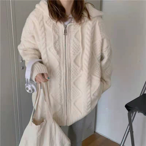 Twist sweater women's autumn and winter Korean version retro loose and lazy outer wear knitted sweater thickened warm hooded cardigan coat
