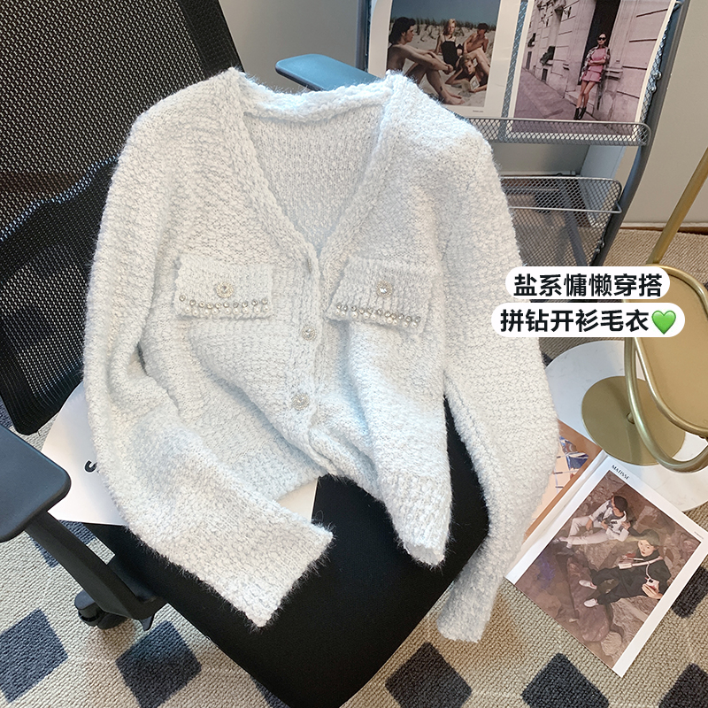Real shot autumn small fragrance blue coat high-end design sense small French style short top women's clothing
