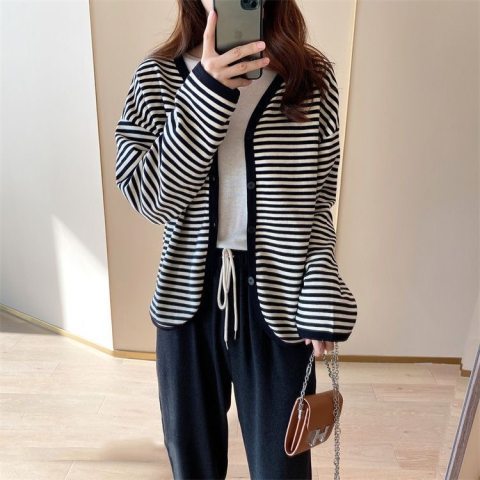  Thin Lazy Retro Versatile Contrast Color Striped Cardigan Autumn Large V-neck Thin Loose Jacket