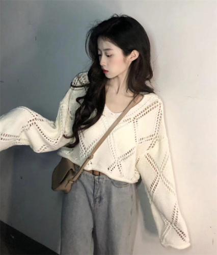 Real shot Lazy style Irregular V-neck short rhombus hollow knitted sweater sweater vest two-piece women's