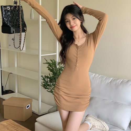 Real shot 2022 new sexy pure desire slim waist pleated hip dress single-breasted long-sleeved tight skirt