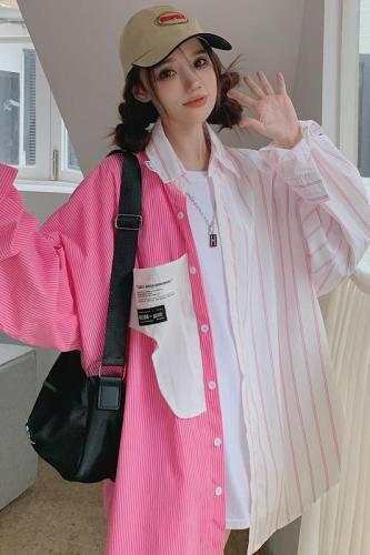 Real shooting real price new Korean version left and right asymmetrical fashion personality long grain loose shirt coat