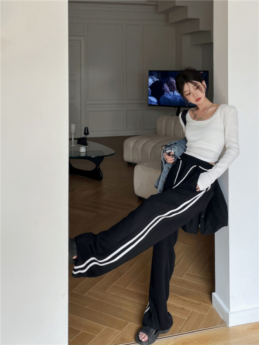 Real shooting real price Hot girl fashion ribbed wide-leg pants drawstring design high waist thin all-match casual trousers