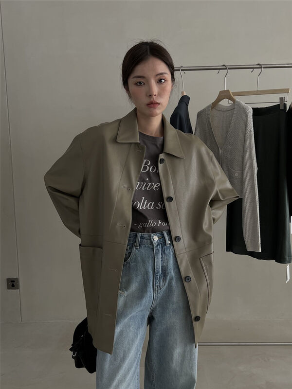 New in autumn!【CLEAN SPACE】Fashionable solid color loose mid-length leather jacket 32280# CQW