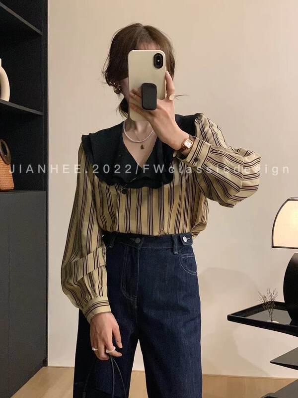 New in autumn!【JIAN HEE】Casual double-breasted striped shirt 2389# OZQ