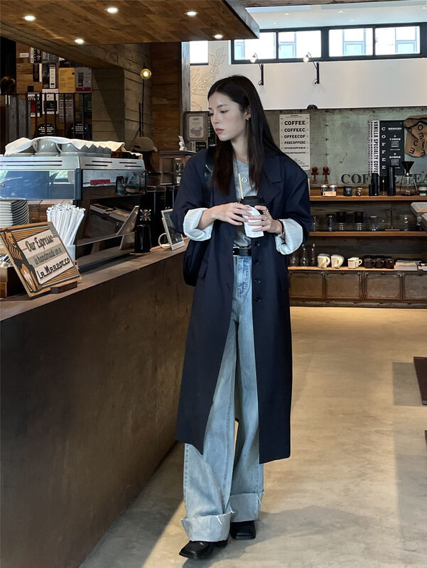【CLEAN SPACE】Temperament loose mid-length suit collar trench coat 31637A