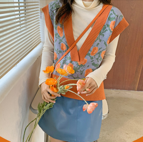 Design sense deep V-neck vest jacket vest women's autumn new contrast color bottom daisy student wear
