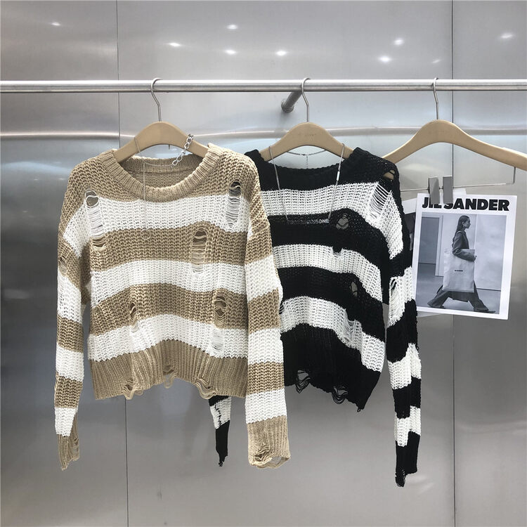 Autumn is new! [S'SEVEN] Striped Korean style ripped warm sweater 3801# XYJ