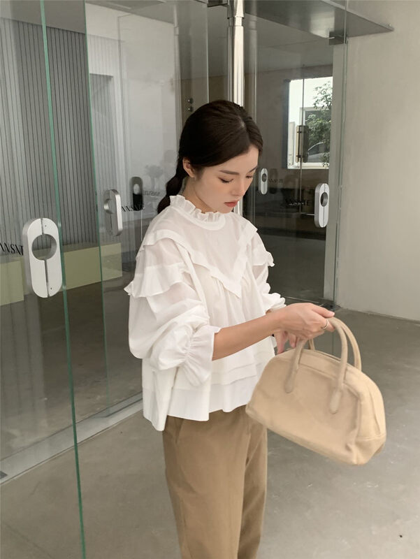 [CLEAN SPACE] Solid color stand collar lace short shirt 32721