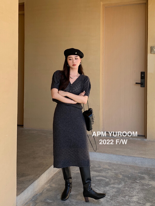New in early autumn! [APM YUROOM] Temperament Mohair Hollow Sweater + Midi Skirt Suit 6005# LSL