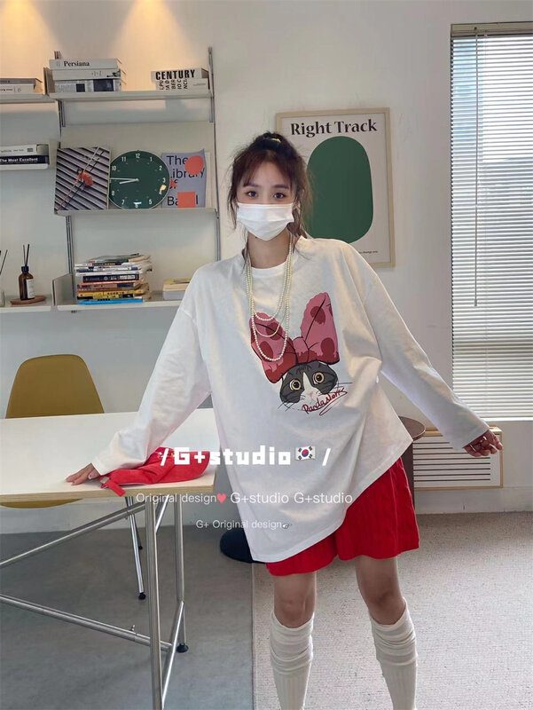 New in autumn! [G+] bow print Korean version all-match long-sleeved T-shirt 33321# WTT