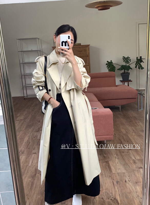 New in autumn! [V.STUDIO] Fashionable temperament double-breasted long trench coat (with belt) 8865# ZJY