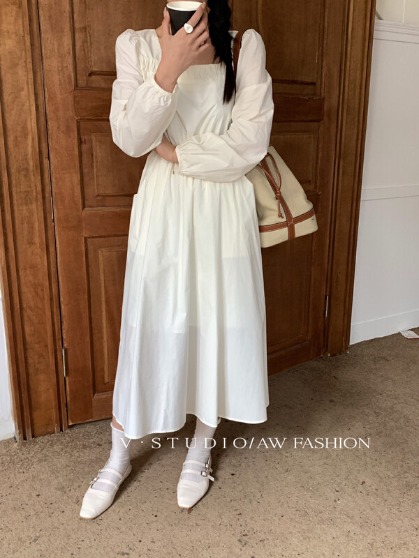 Autumn is new!【V.STUDIO】Korean square collar waist solid color dress 6689# ZJY