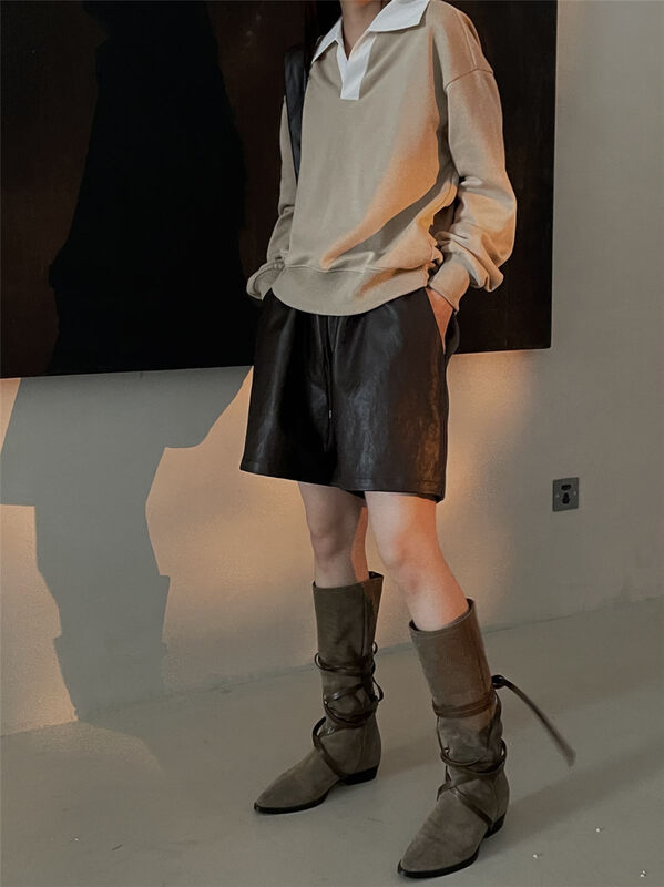 [CLEAN SPACE] Solid Color Leather Elastic Waist Strap Casual Shorts 33198