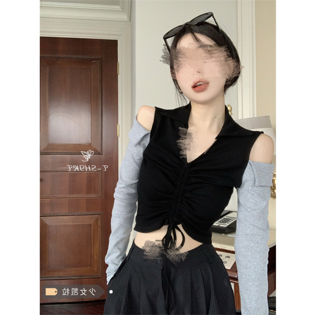 POLO collar strapless T-shirt women's early autumn new design small hot girl long-sleeved short bottoming shirt top autumn