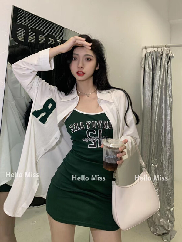 New in early autumn! [HELLO MISS] American hot girl suspender skirt + loose long-sleeved shirt suit 6350# PCZ