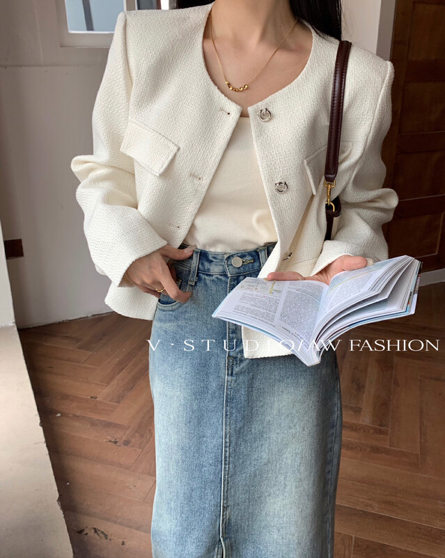 Early autumn new style! [V.STUDIO] temperament small fragrance round neck short coat 5282# ZJY