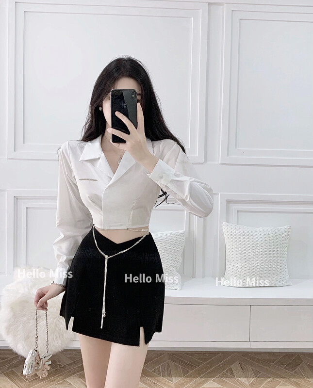 New Autumn!【HELLO MISS】Royal Sister Chain Shirt + High Waist Slit Skirt Set (with Waist Chain) 8556# PCZ