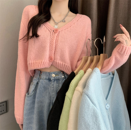 Real shooting real price New version of autumn and winter Korean style design short V-neck loose cardigan jacket