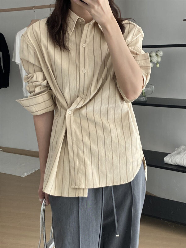 New in autumn!【CLEAN SPACE】Striped side button design loose shirt 32976# CQW