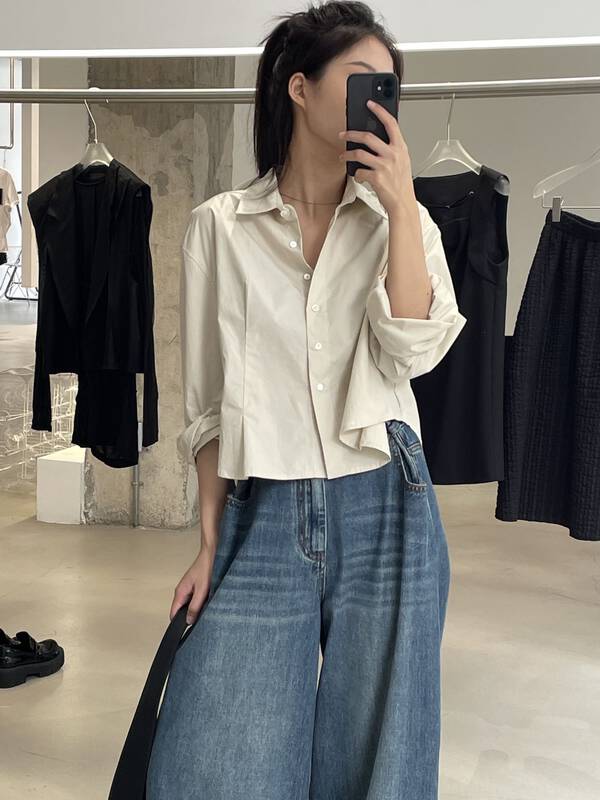 Straight line truncated cotton feeling [CLEAN SPACE] simple solid color versatile short shirt 33159# CQW