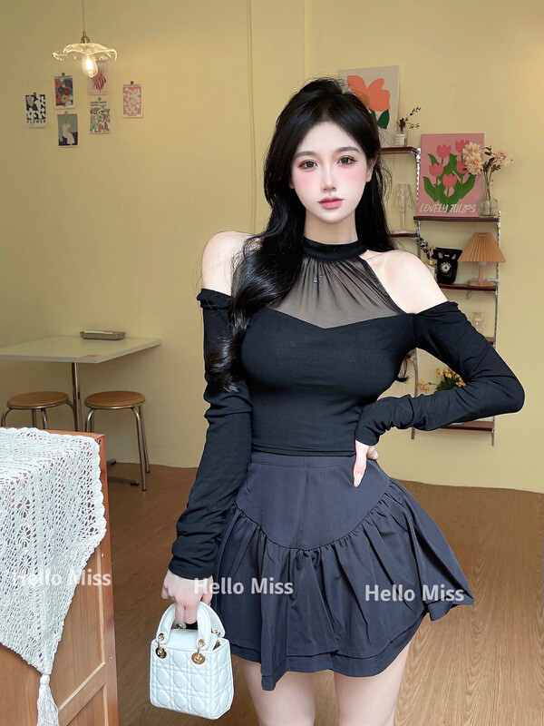 New in early autumn!【HELLO MISS】Sexy see-through shirt + sweet puffy skirt suit 6380# PCZ
