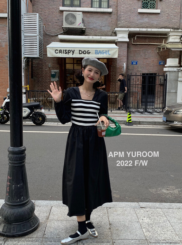 New in autumn!  【APM YUROOM】French elegant color contrast striped knitted stitching dress 6038# LSL